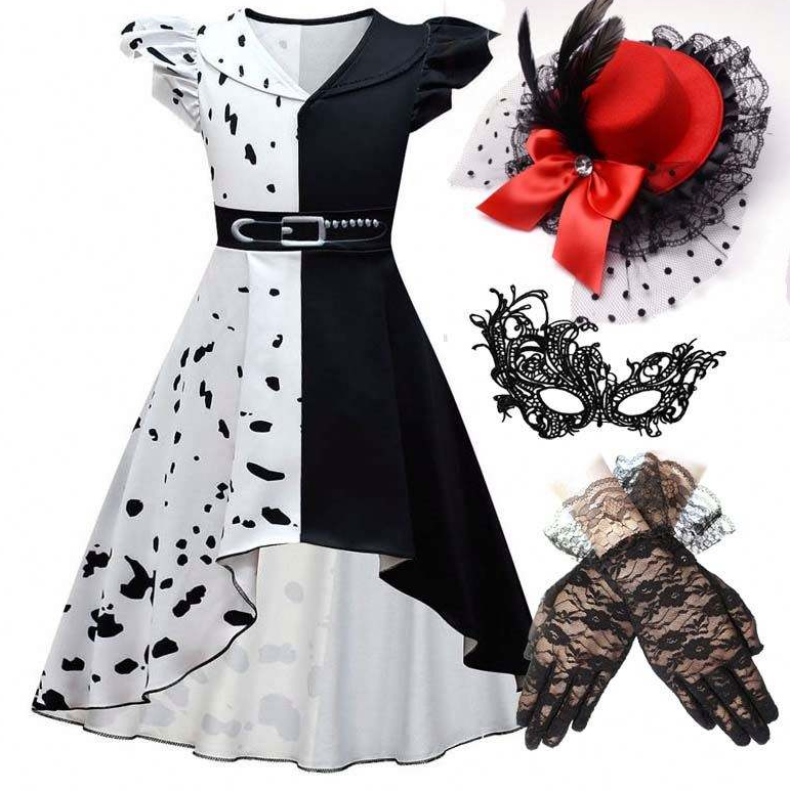 Costum de cosplay de Halloween fete de role albnegru joacă cruella costum set complet dghc-141