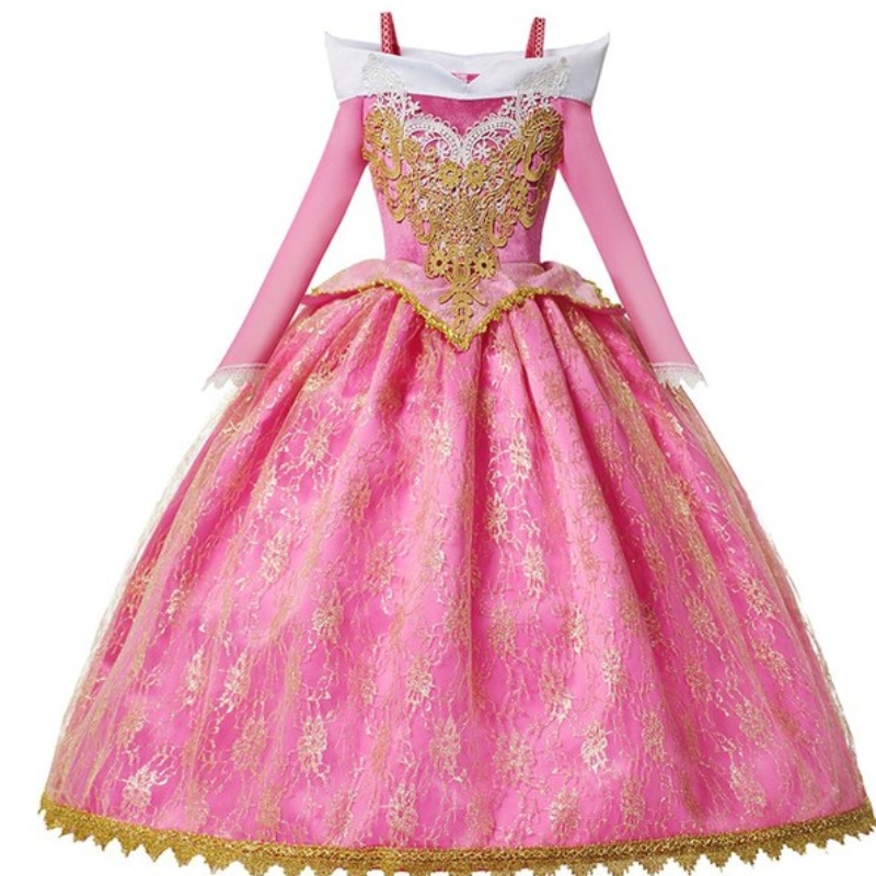 Girls Deluxe Sleeping Beauty Princess Costum cu mânecă lungă, rochie de petrecere de petrecere pentru copii Fancy Dress Up 3-10t