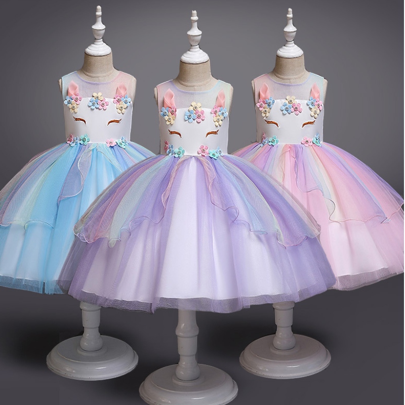 Unicorn Princess Costum Girls Pageant Seara Rochii lungi pentru copii, fără mâneci, broderie floare de zi denaștere Tutu rochii