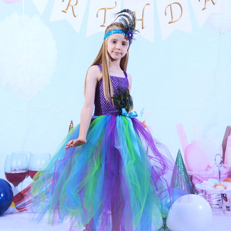 Rochie de toamnă pentru copii Fustă cu plasă cu pene de păun -plasă pentru copii prințesă fustă rochie tutu