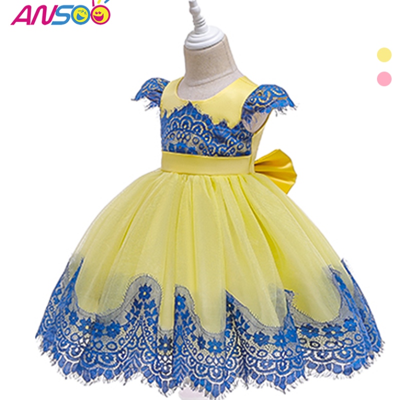 Ansoo fete pentru fete cu mânecă cu mânecă retro rochie galbenă Copii prințesa arc vara rochii roz roz pentru fete copii