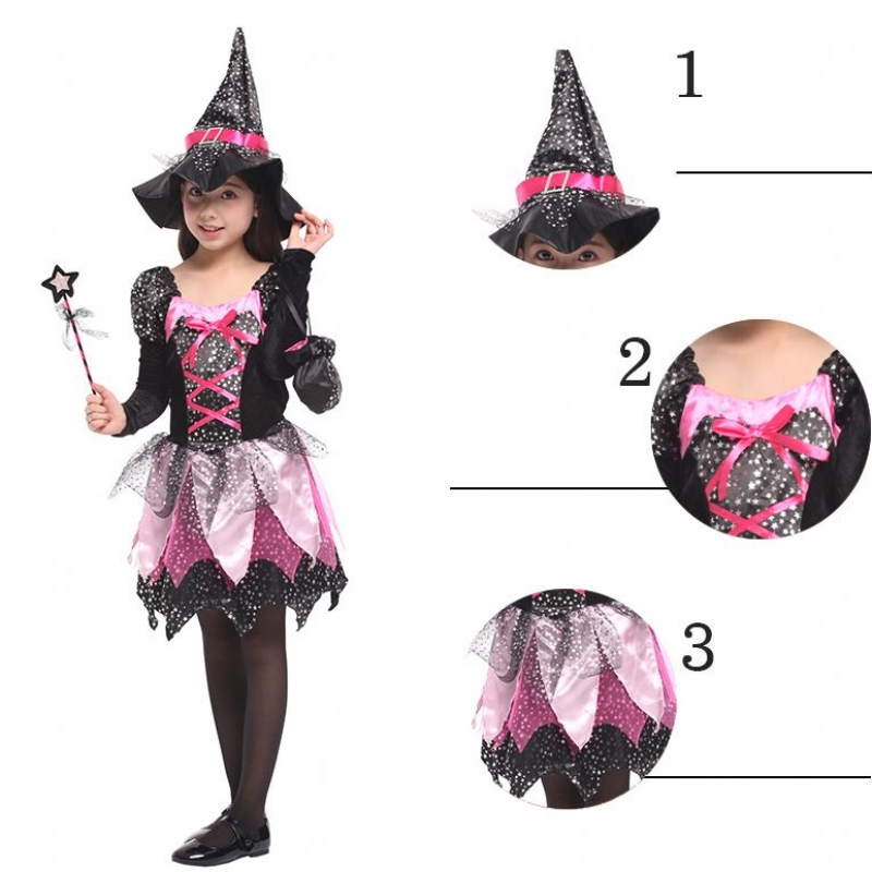 Fete pentru copii baghete îmbrăcați haine de halloween vrăjitoare costum scânteie rochie de cosplay imprimată cu pălărie ascuțită