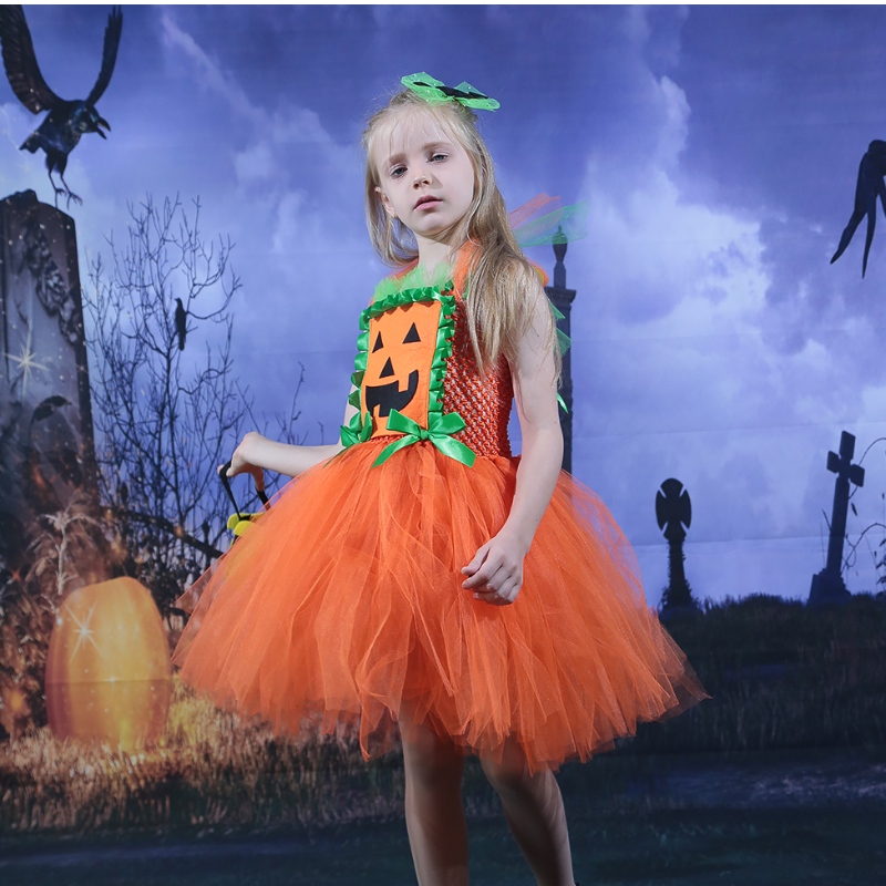 Amazon Hot Selling Kids Girl Girl Halloween Rochie Pumpkin Mesh Tulle Tutu Rochie